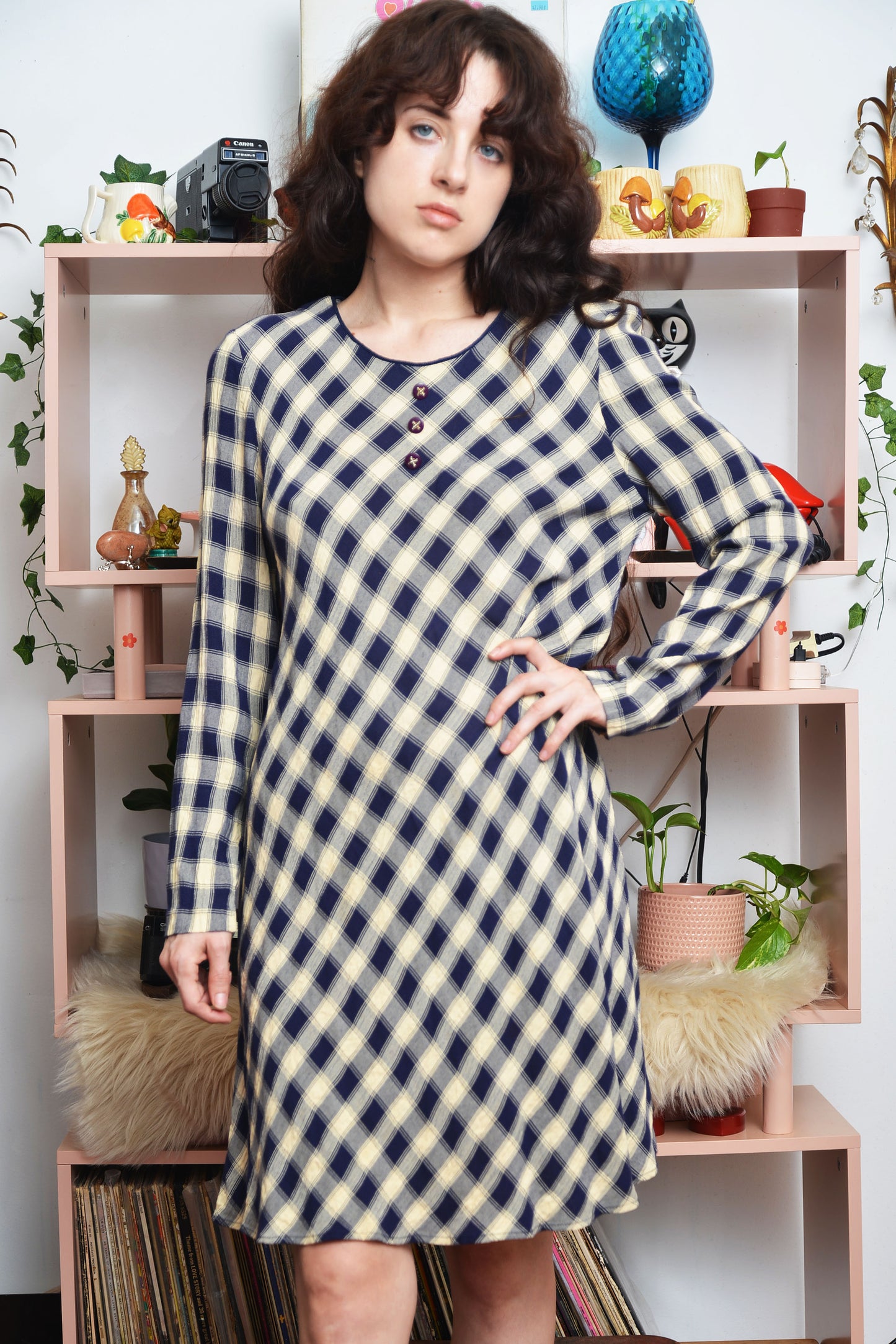 Jessica Howard plaid mini dress in navy and khaki, size Medium, classic preppy style perfect for casual or workwear looks