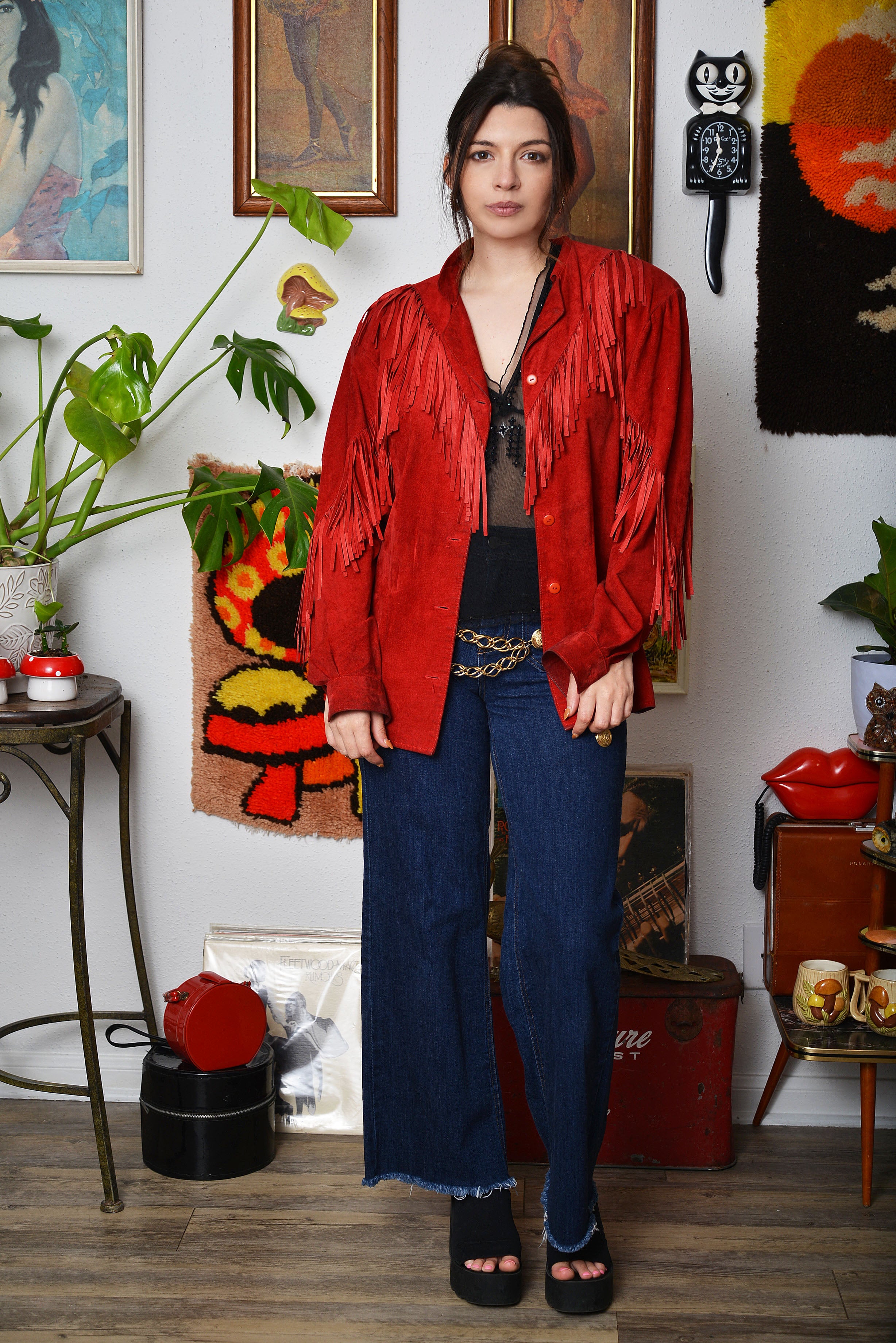 【vintage】80s red suède casual jacket Vintage 80s Red Suede Fringe Jacket – Bold Western Rock Glam