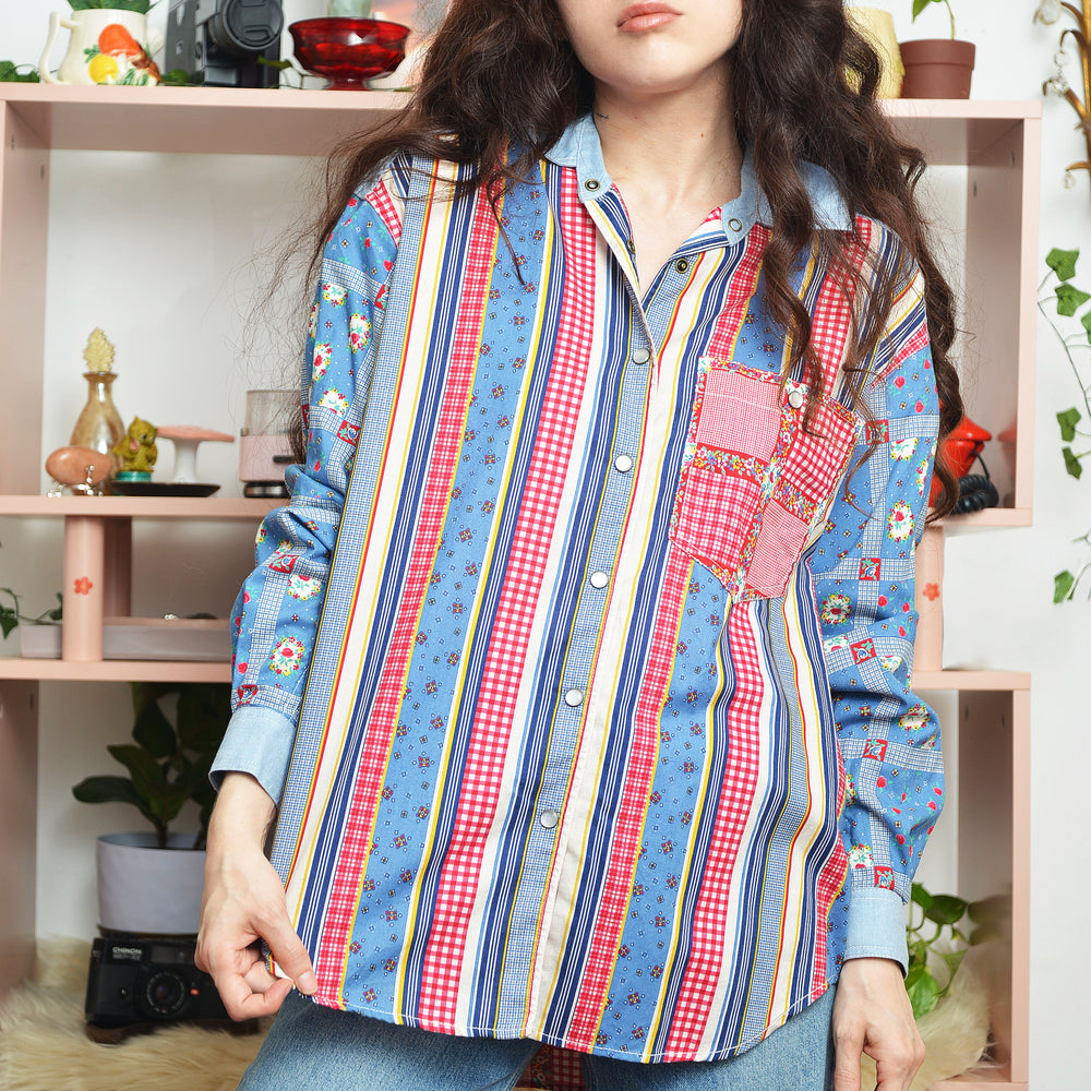 Vintage 90s Liz Claiborne patchwork jacket with bold colorful geometric design, retro statement outerwear front