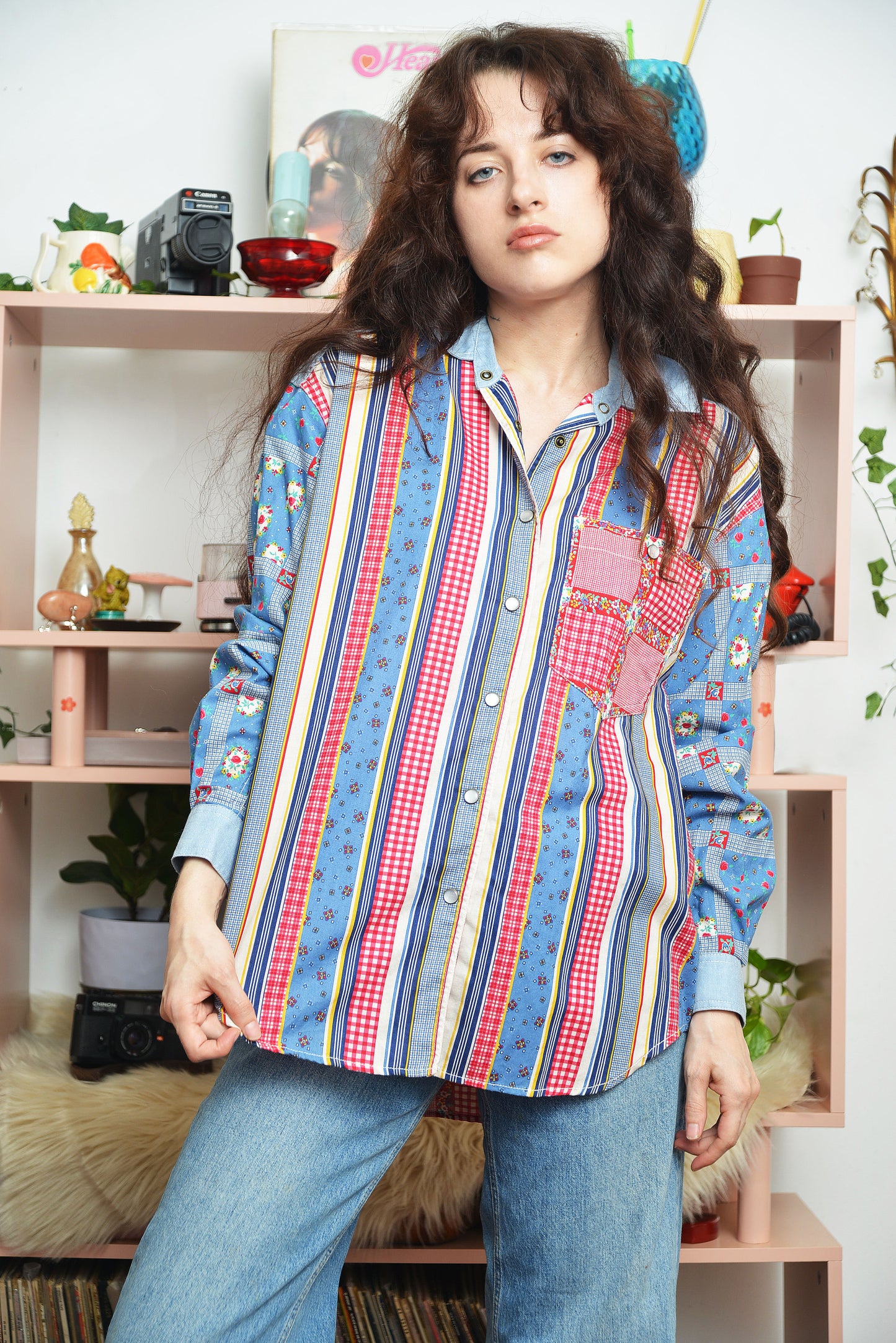 Vintage 90s Liz Claiborne patchwork jacket with bold colorful geometric design, retro statement outerwear front