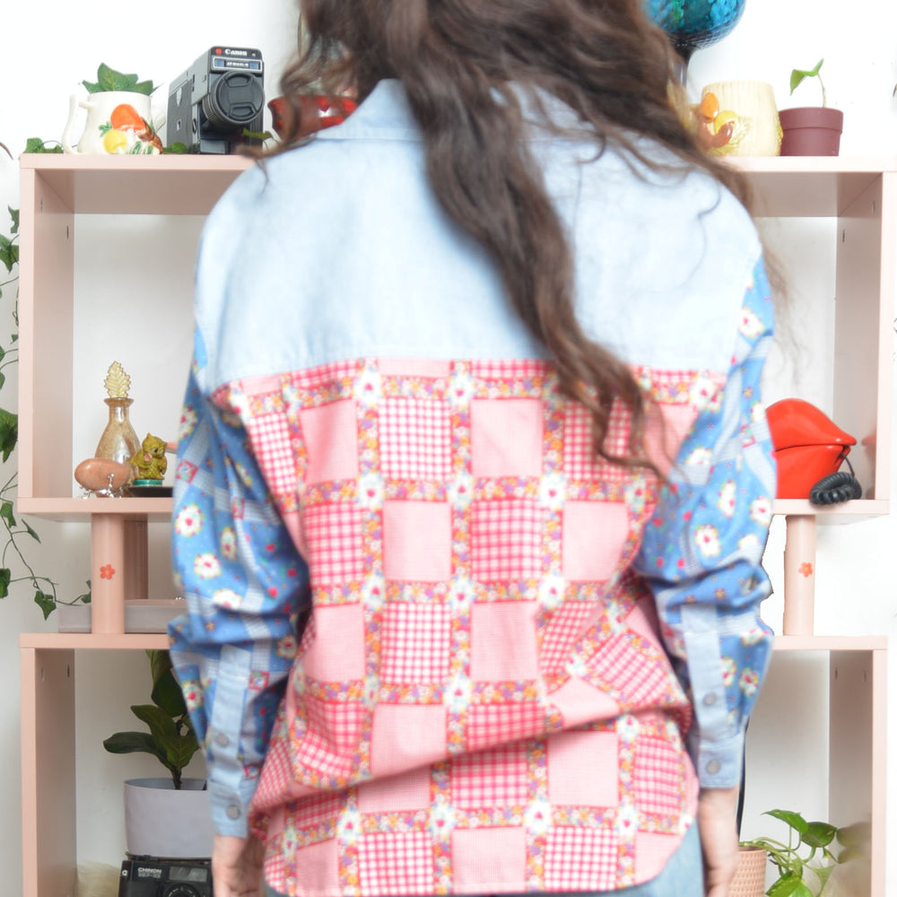 
                  
                    Vintage 90s Liz Claiborne patchwork jacket with bold colorful geometric design, retro statement outerwear back view
                  
                
