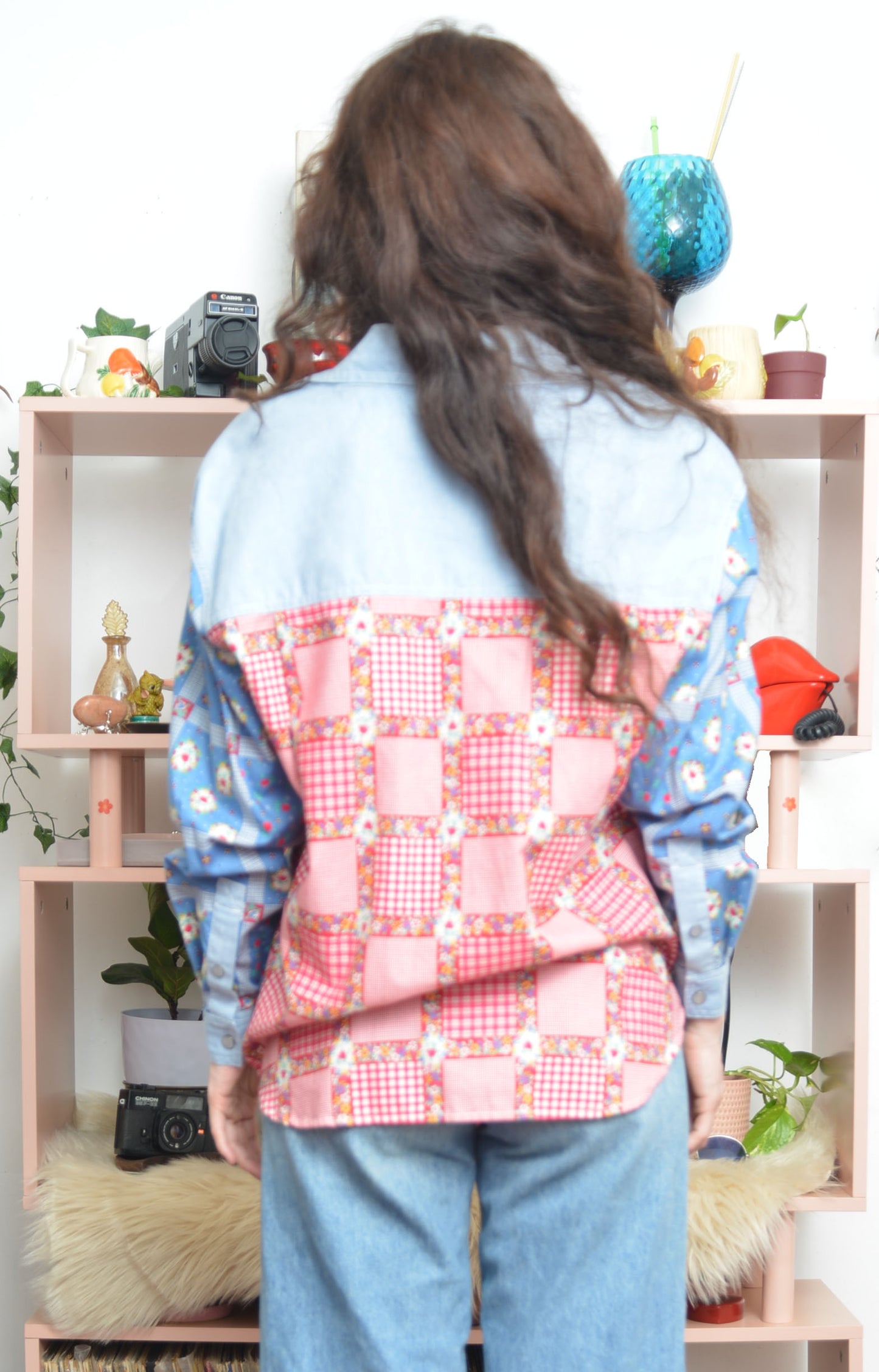 Vintage 90s Liz Claiborne patchwork jacket with bold colorful geometric design, retro statement outerwear back view