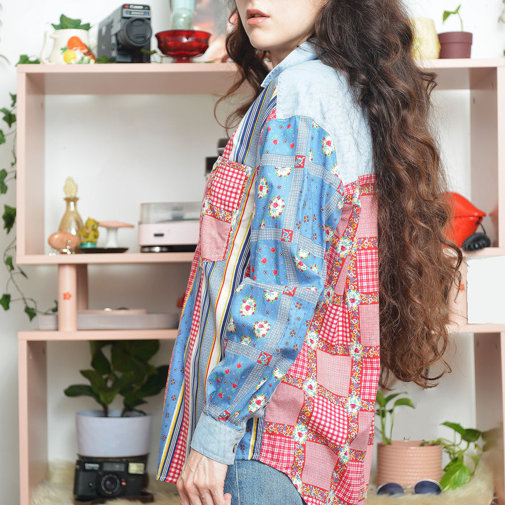 Vintage 90s Liz Claiborne patchwork jacket with bold colorful geometric design, retro statement outerwear side view