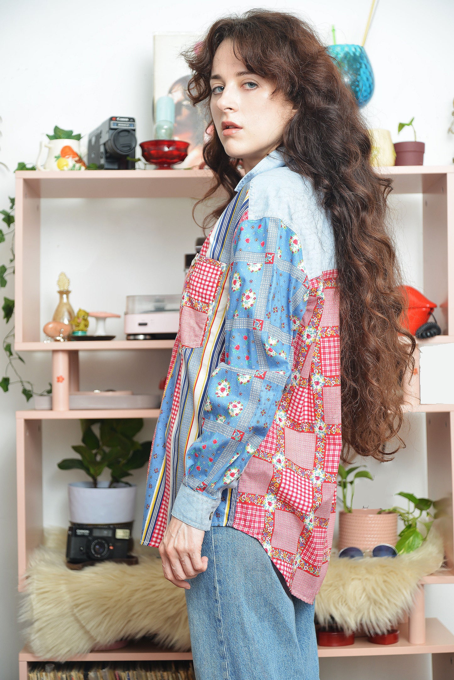 Vintage 90s Liz Claiborne patchwork jacket with bold colorful geometric design, retro statement outerwear side view