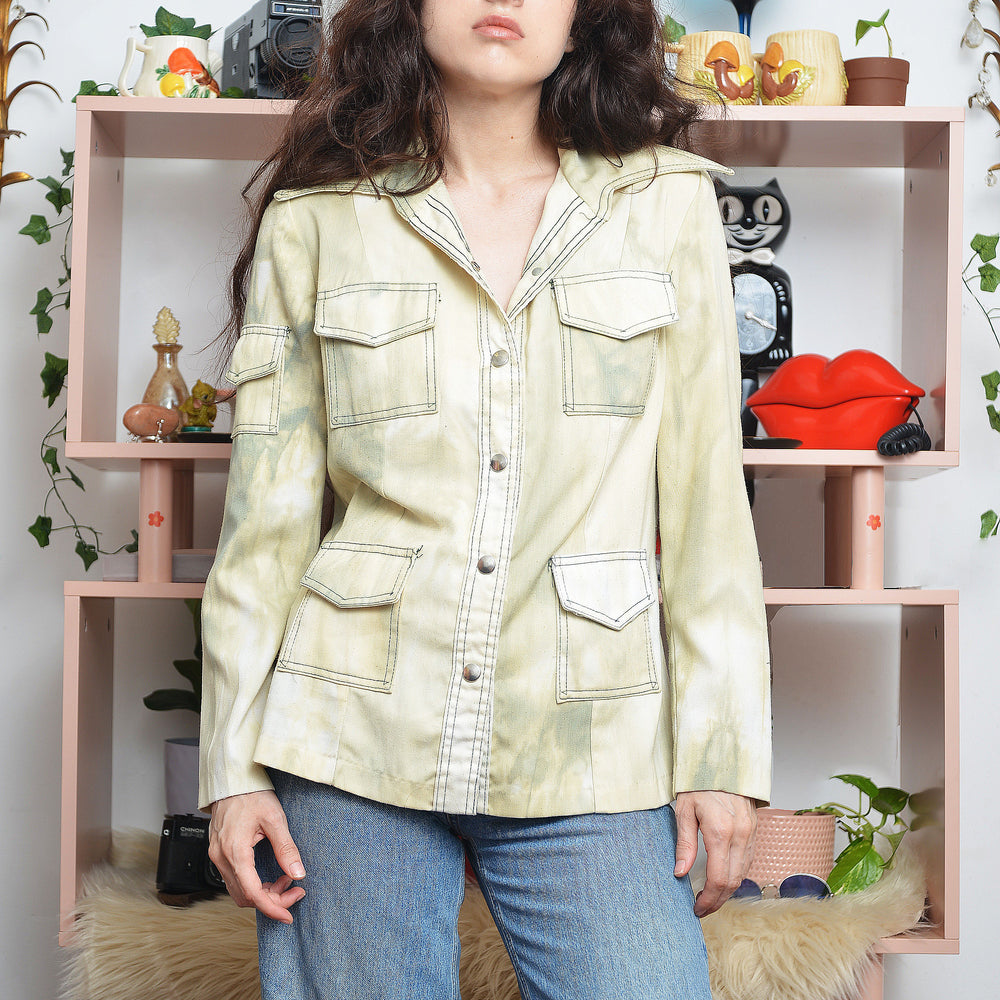Vintage 70s utilitarian military style shirt green tie dye overdye long sleeve button up with four pockets