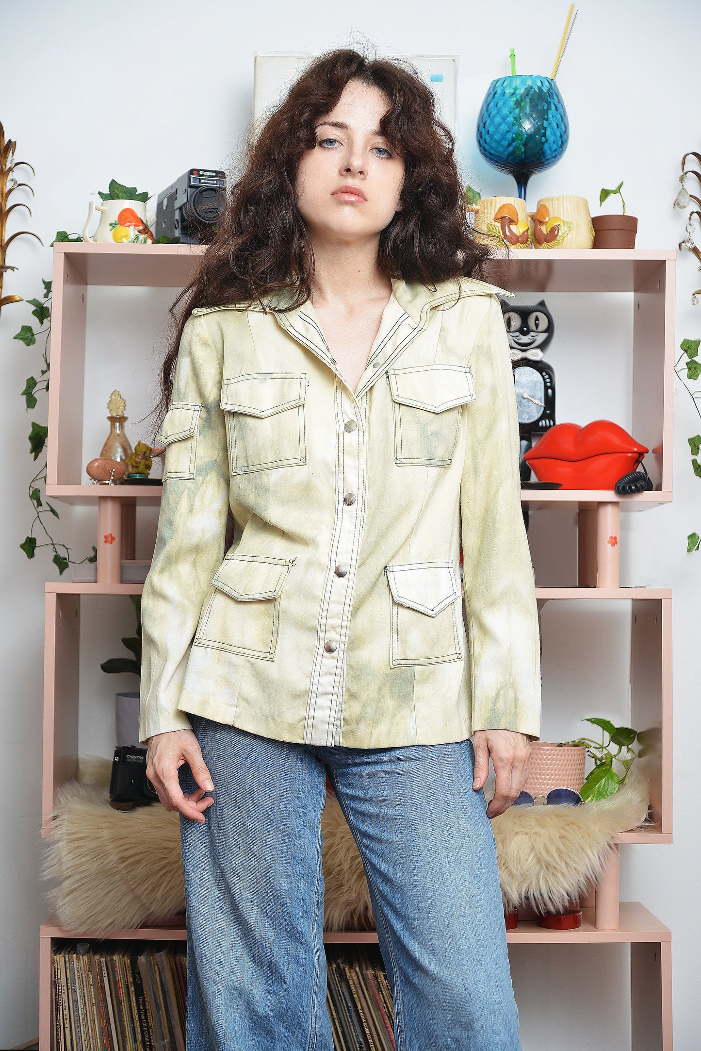 Vintage 70s utilitarian military style shirt green tie dye overdye long sleeve button up with four pockets