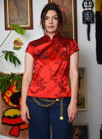 Vintage 90s Xcape Asian-Inspired Shirt – Black & Gold Statement Top (Size: 8)