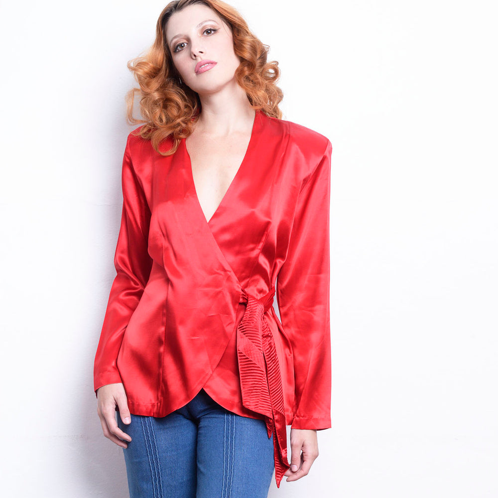 Vintage Wrap Red Satin Blouse 80s freeshipping - Lovers Vintage