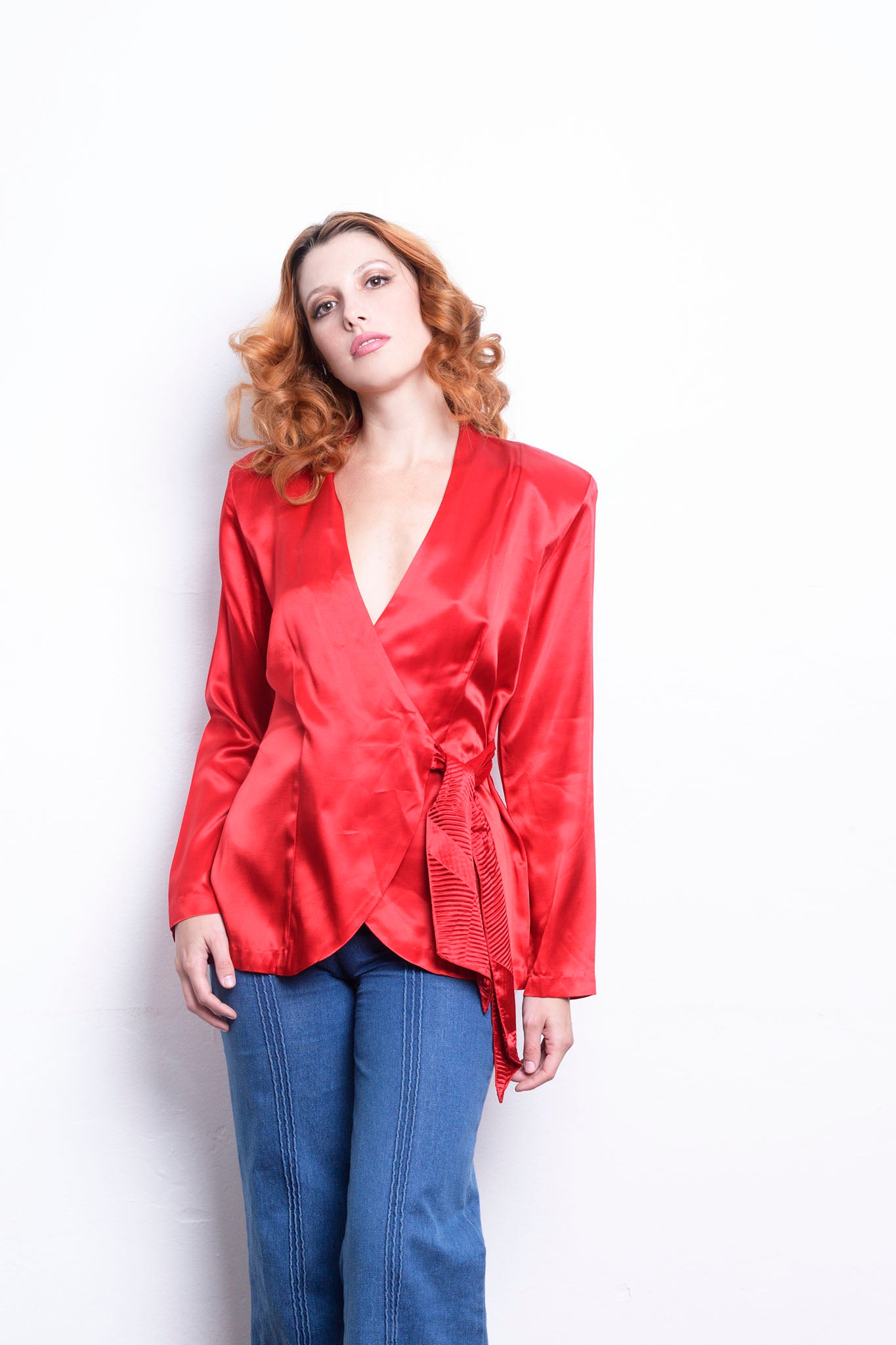 Vintage Wrap Red Satin Blouse 80s freeshipping - Lovers Vintage