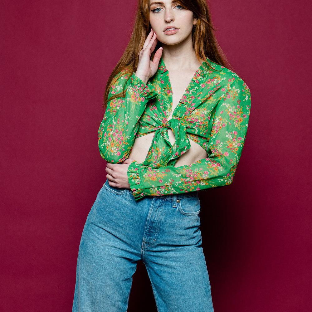 Cropped Front-tie Re-worked Vintage Floral Blouse freeshipping - Lovers Vintage