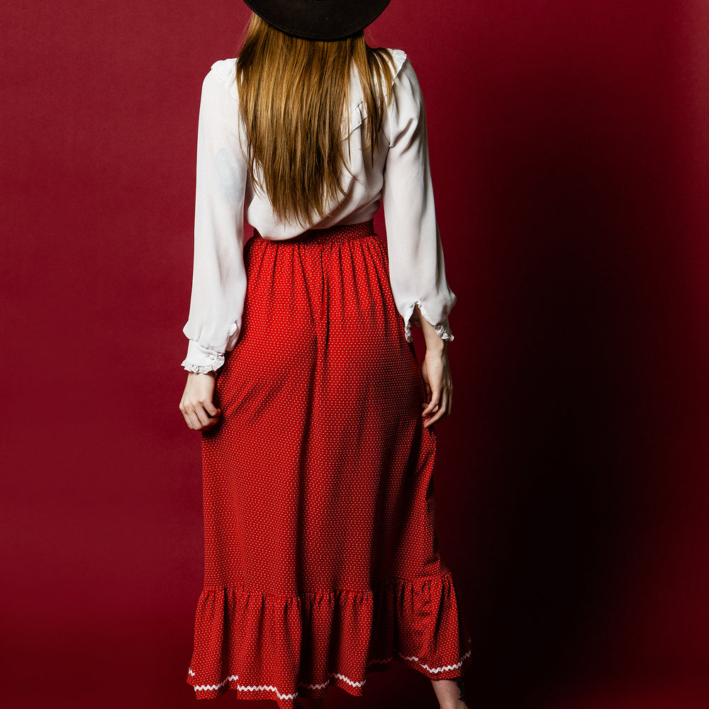 
                  
                    Long Red Polka Dot Prairie Skirt - Loversvintage
                  
                