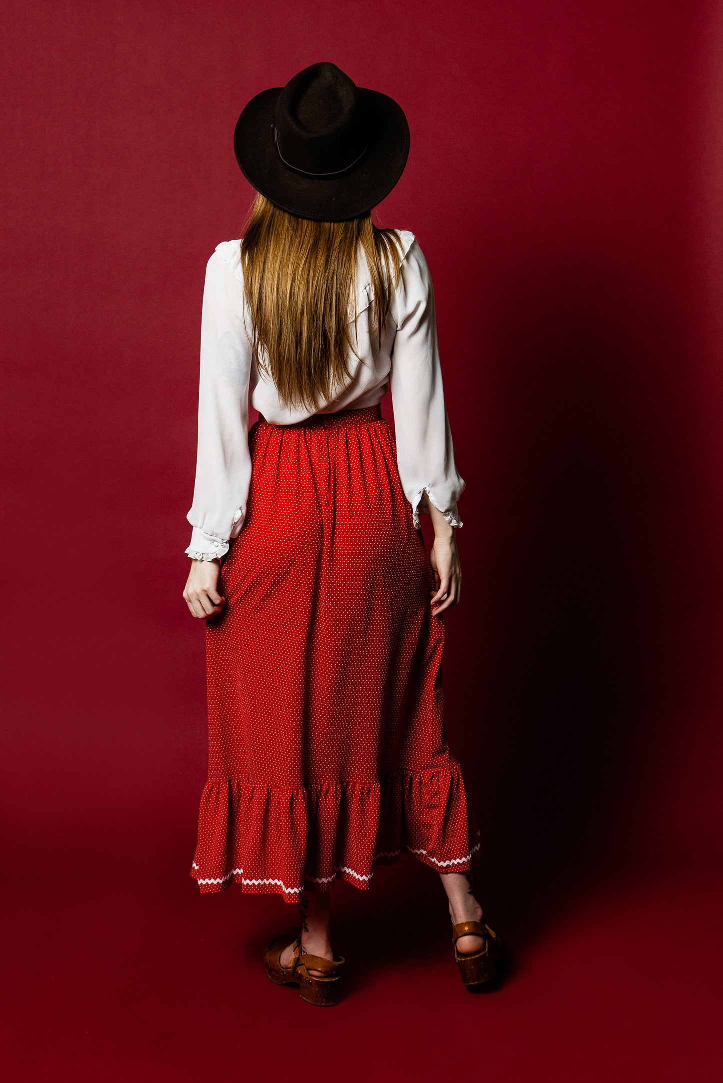 Long Red Polka Dot Prairie Skirt - Loversvintage