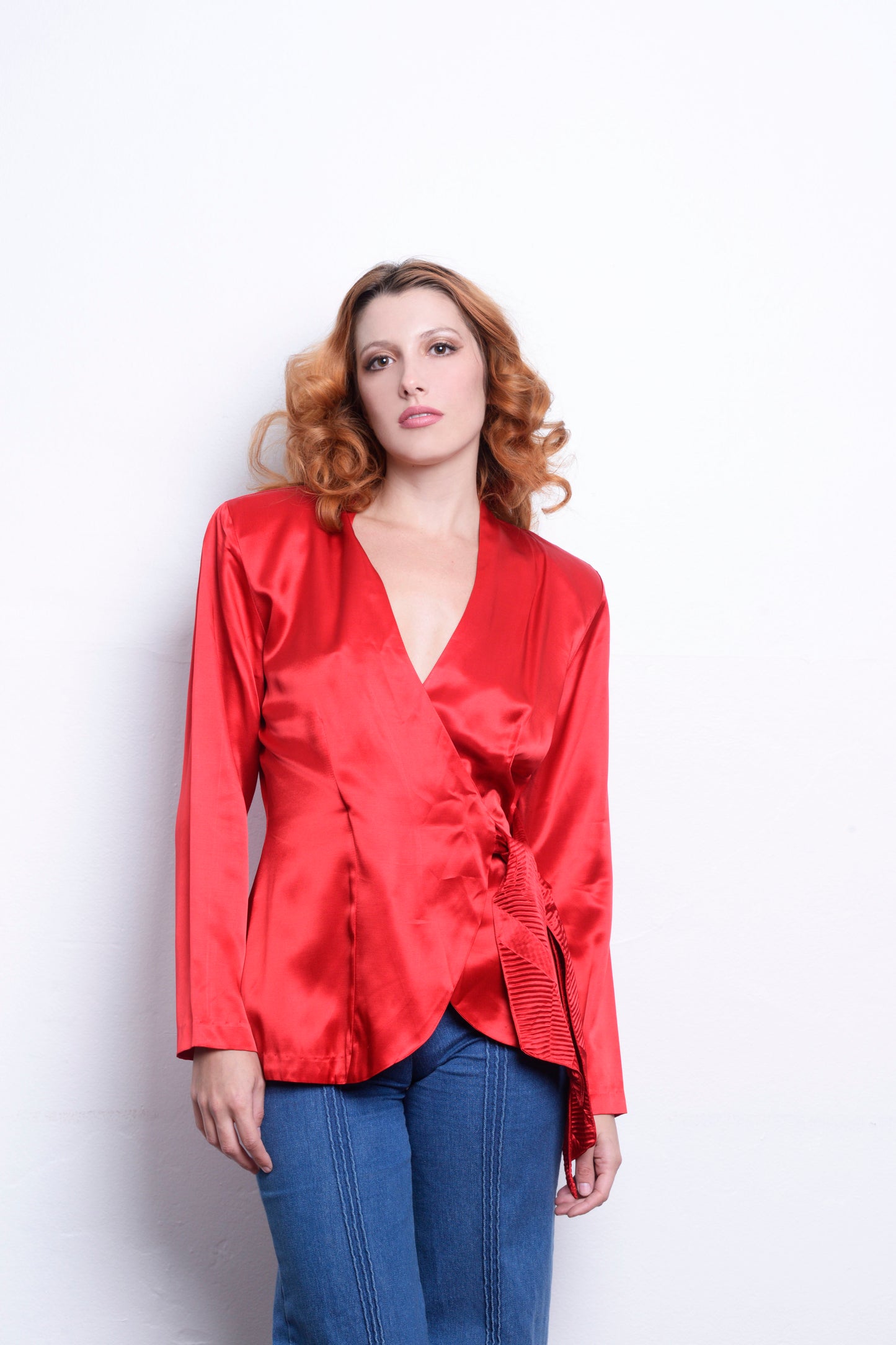 Vintage Wrap Red Satin Blouse 80s freeshipping - Lovers Vintage