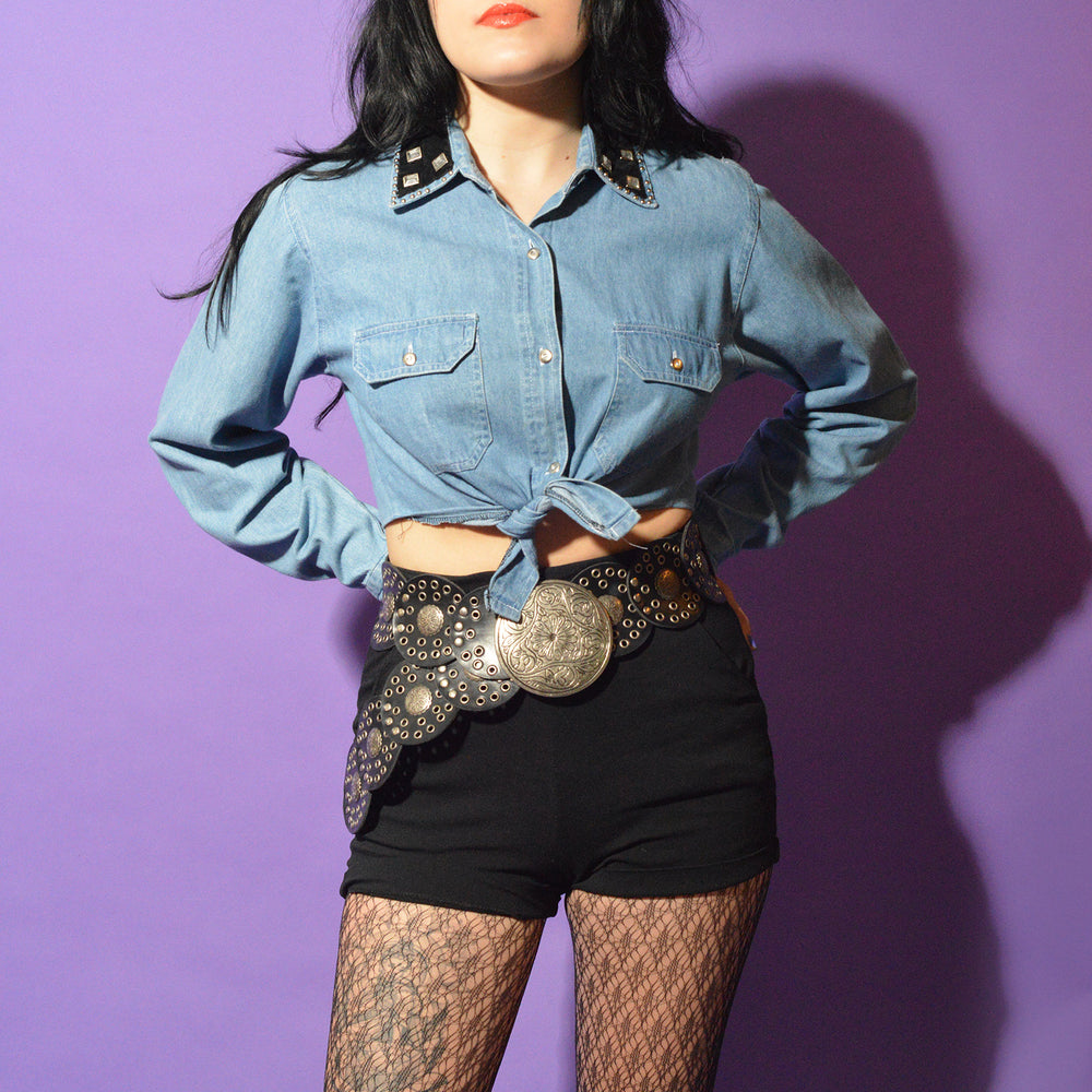 Bedazzled Re-worked Vintage Cropped Tie Top 90s Small freeshipping - Lovers Vintage