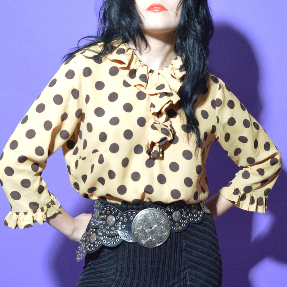 Vintage 60s Polka Dotted Canary Blouse Sz Small freeshipping - Lovers Vintage