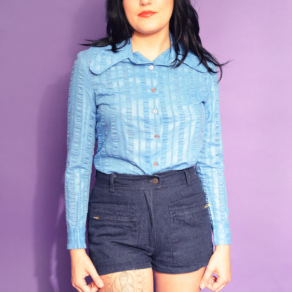 Vintage 70s Blue Blouse freeshipping - Lovers Vintage