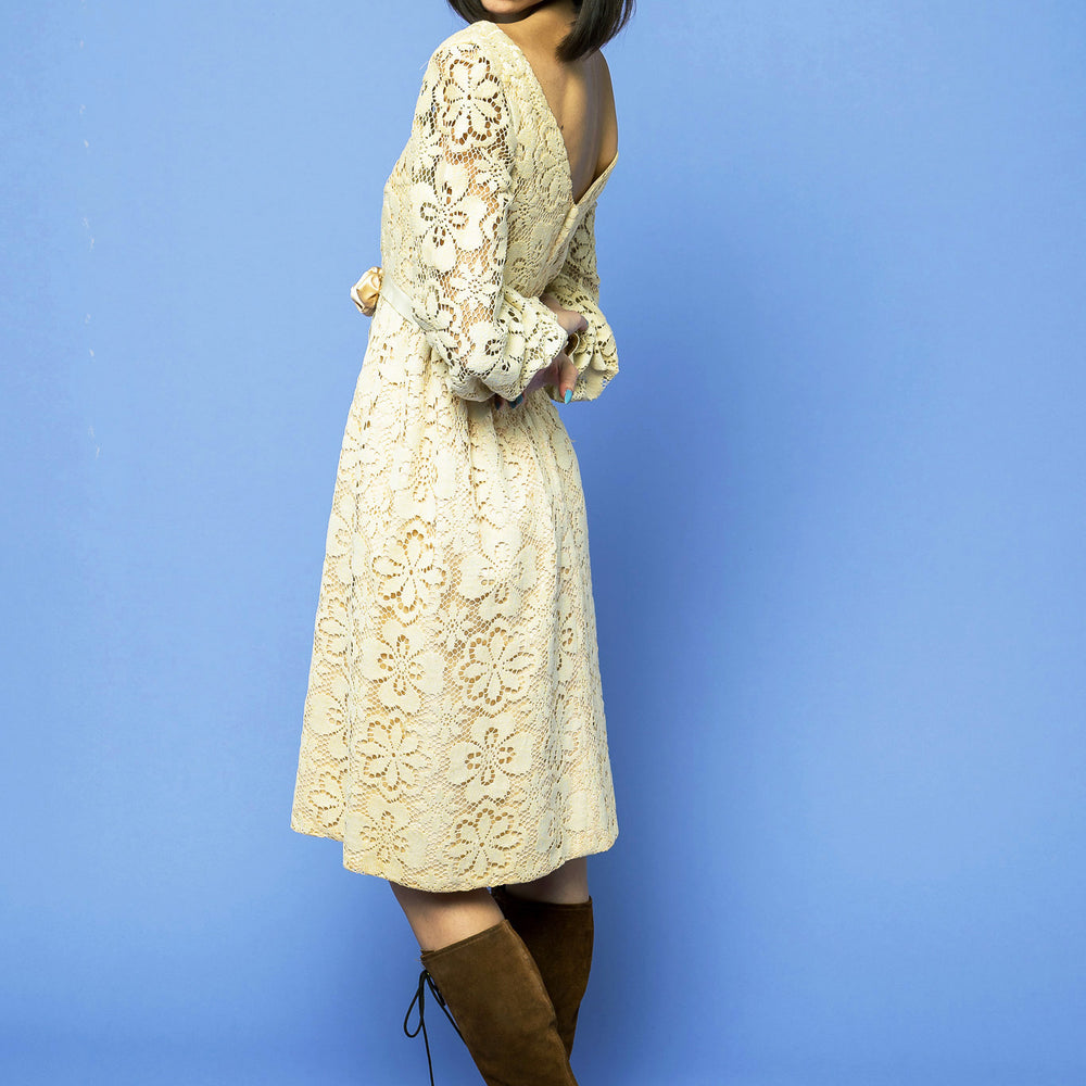 Floral Lace Cream Midi Dress freeshipping - Lovers Vintage