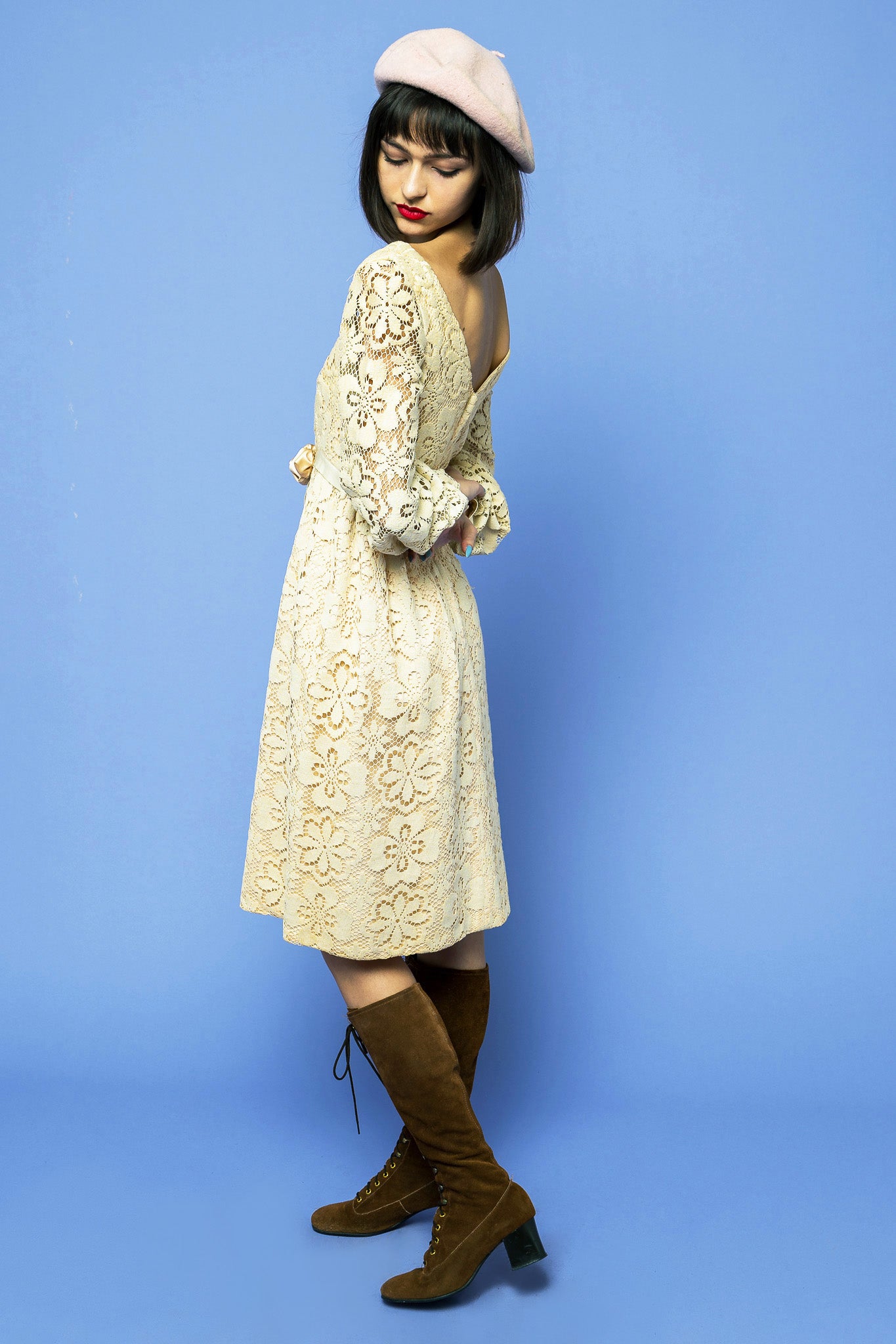 Floral Lace Cream Midi Dress freeshipping - Lovers Vintage