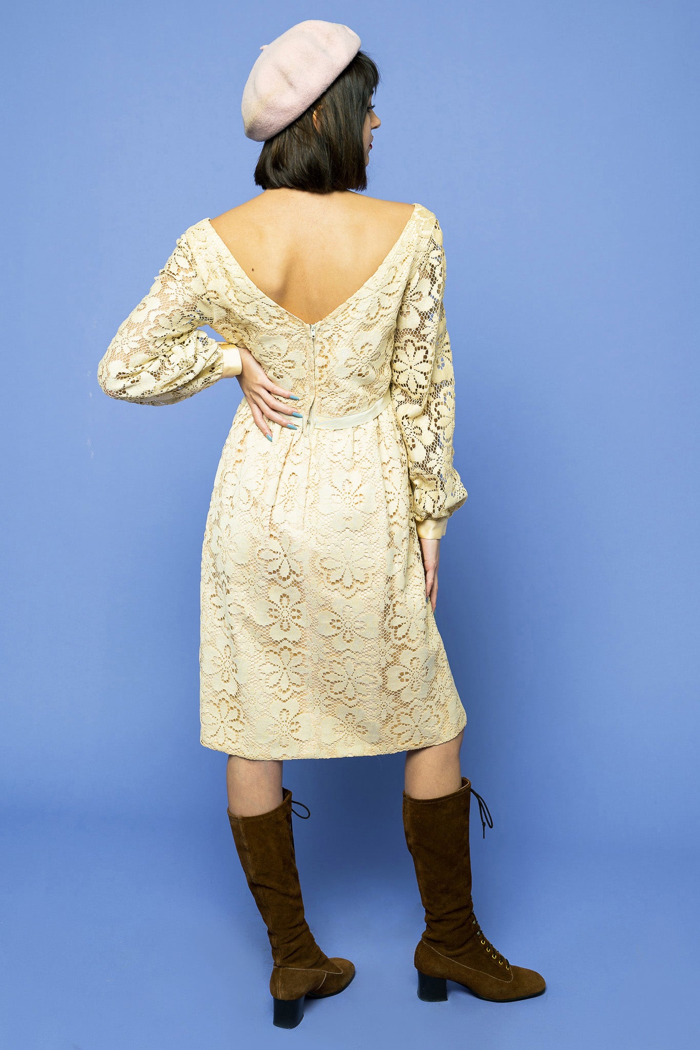 Floral Lace Cream Midi Dress freeshipping - Lovers Vintage