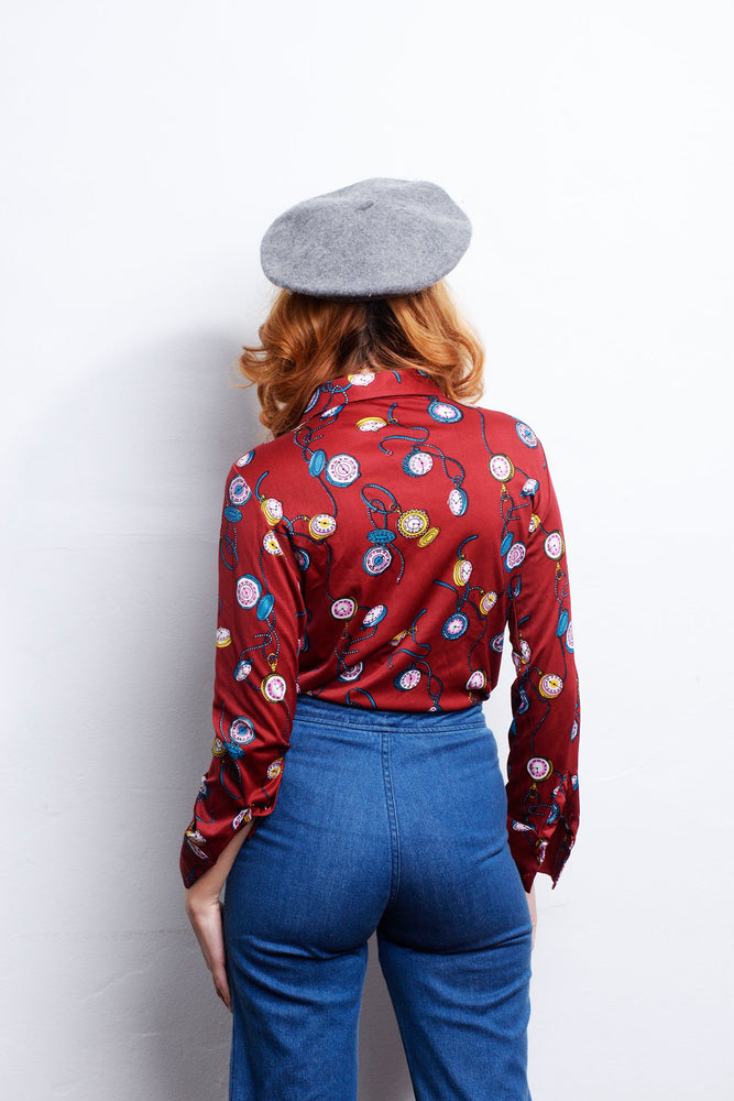 
                
                    Load image into Gallery viewer, Vintage Long Sleeve Clockwork Blouse 70s freeshipping - Lovers Vintage
                
            