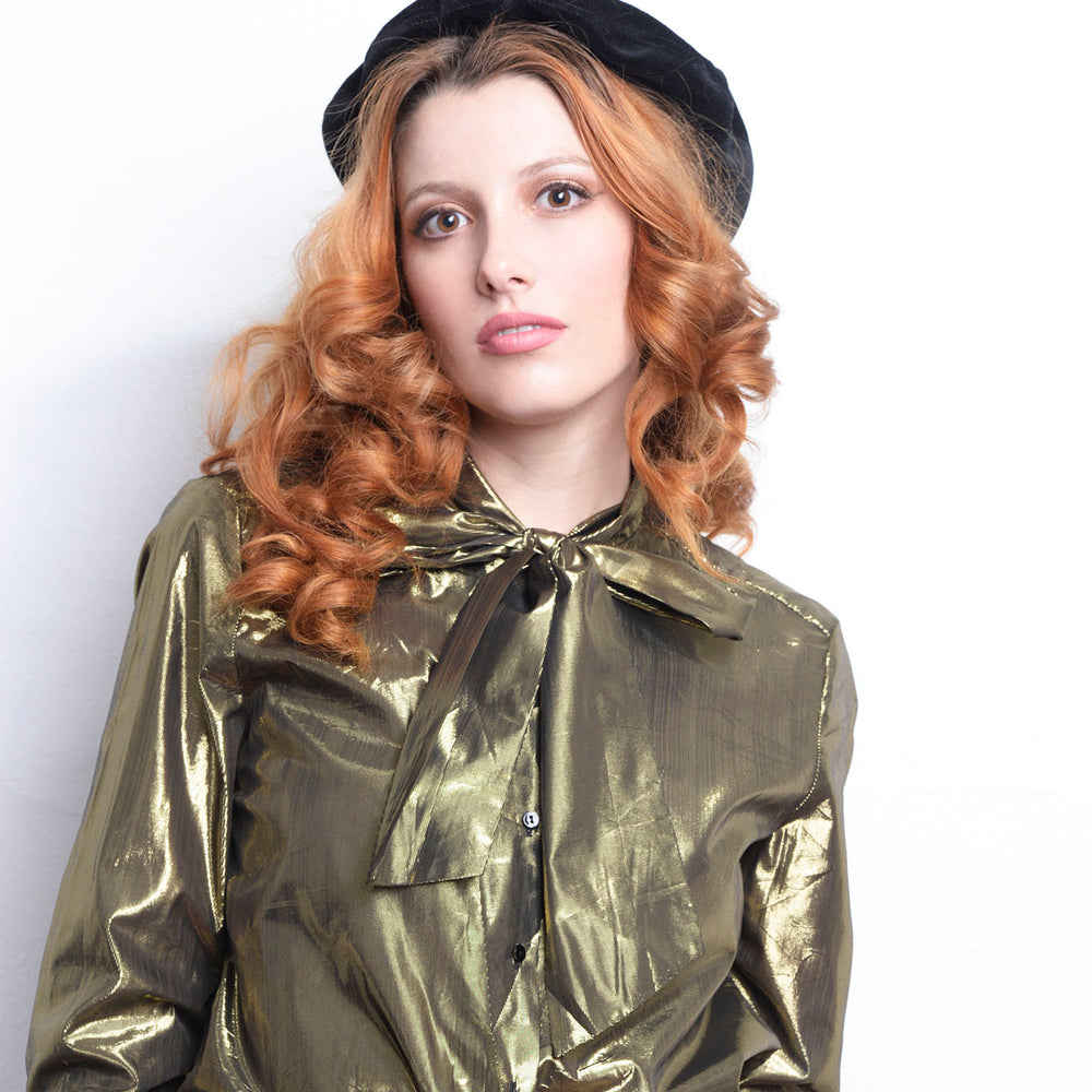 
                  
                    70s Lurex Golden Pussy Bow Long Sleeve Shirt Disco freeshipping - Lovers Vintage
                  
                