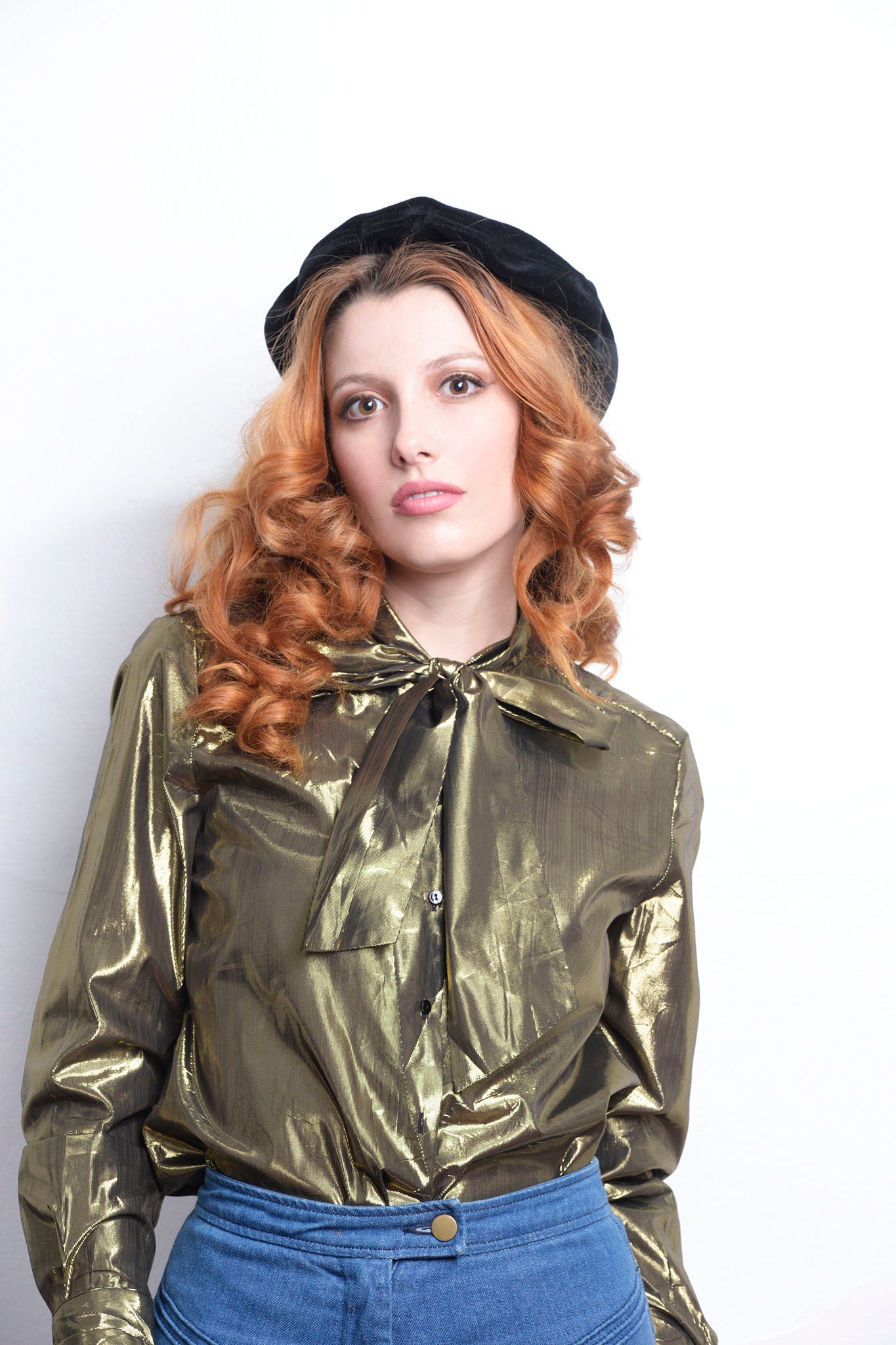 70s Lurex Golden Pussy Bow Long Sleeve Shirt Disco freeshipping - Lovers Vintage