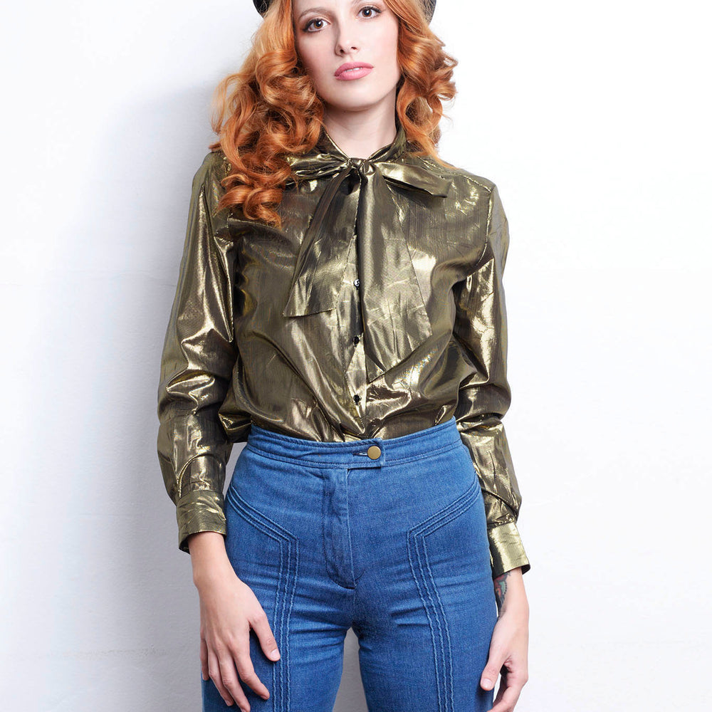 70s Lurex Golden Pussy Bow Long Sleeve Shirt Disco freeshipping - Lovers Vintage