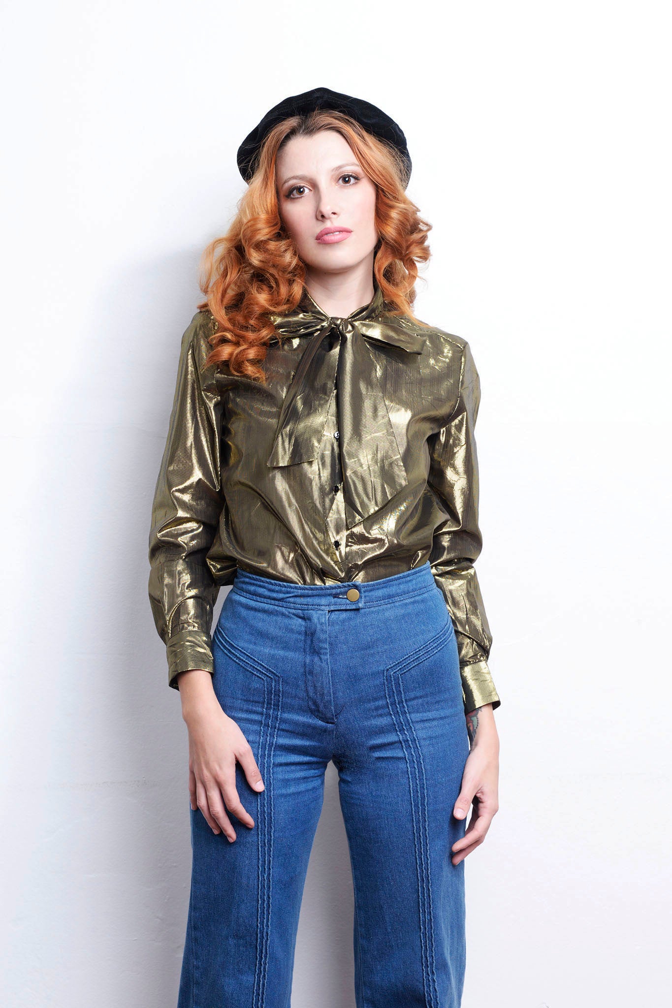 70s Lurex Golden Pussy Bow Long Sleeve Shirt Disco freeshipping - Lovers Vintage
