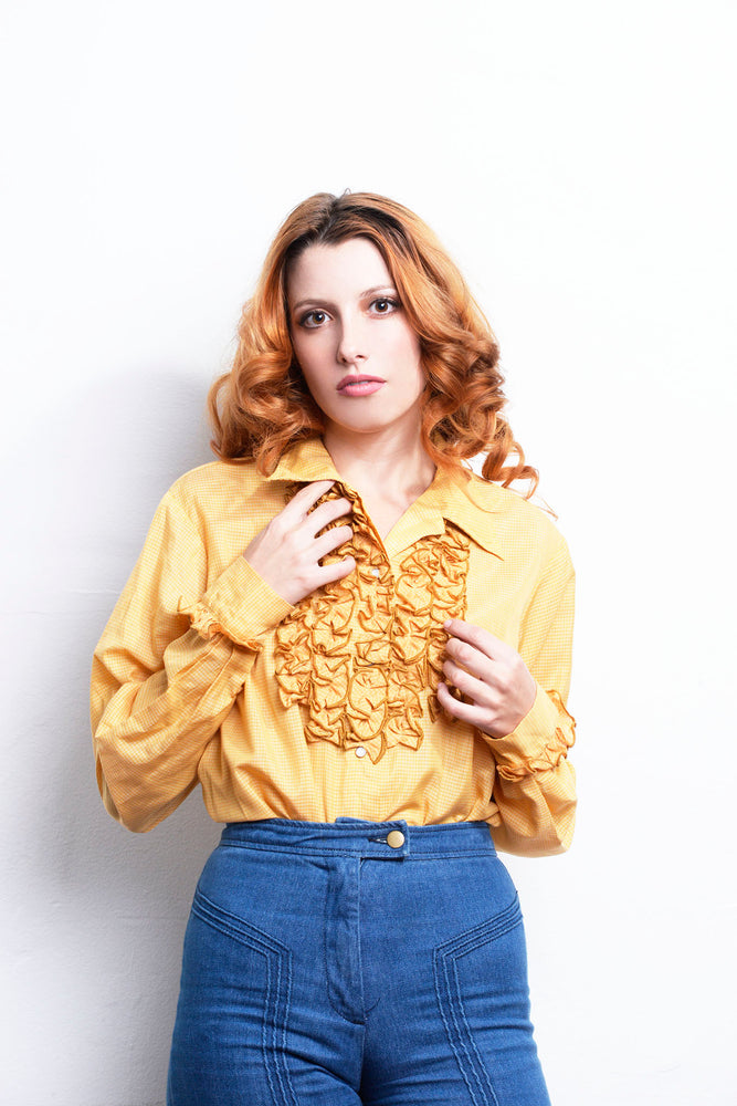 Vintage Long Sleeve Yellow Ruffled Tuxedo Blouse freeshipping - Lovers Vintage